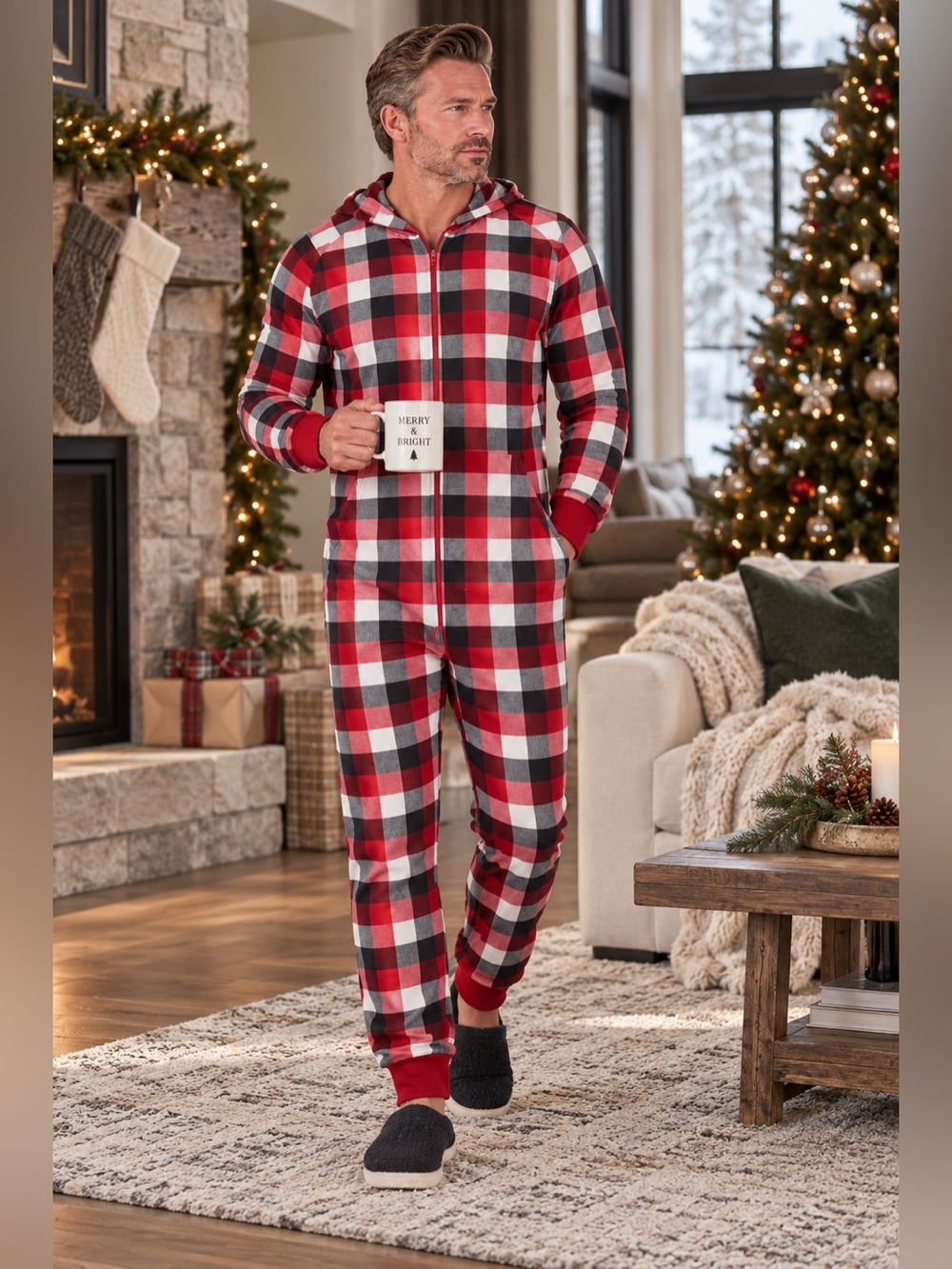Men's Buffalo-Check Hooded Onesie Pajama Buffalo Plaid Onesie Matching Christmas